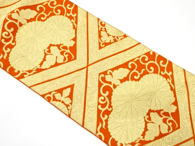 JAPANESE KIMONO / ANTIQUE FUKURO OBI / WOVEN KIKU ARABESQUE